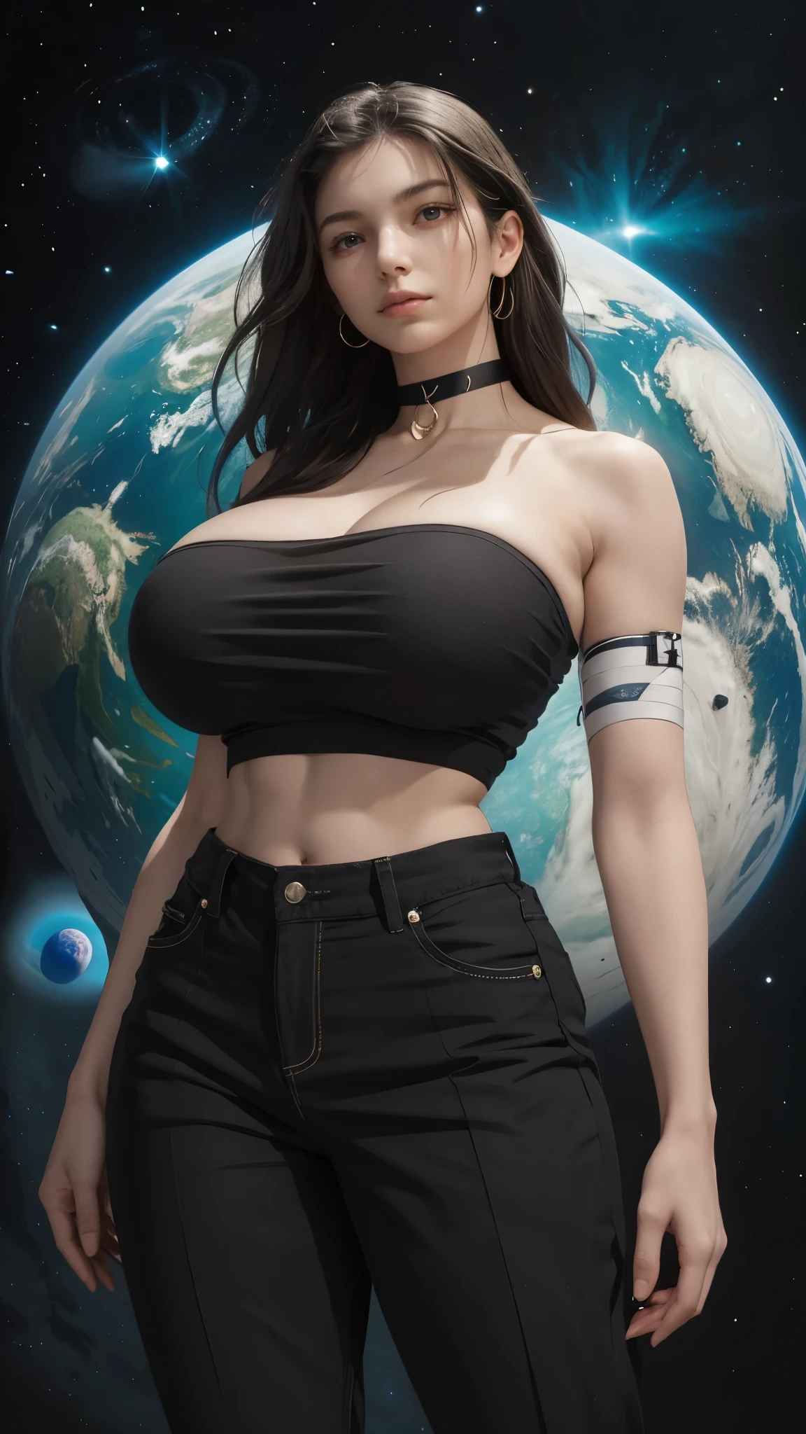 girl, (standing on display pedestal), with scars over her body, black tube top, (gigantic breasts:1.2), navel, black loose tailored wide pants, choker, very straight hair, long black hair, looking at viewer, nebula, circular background, (one planet as background:1.4), arrogance, oppulent details, high-end material, alluring, elegant, fashion statement, theme dominated by black colors, (close-up shot:0.8), BREAK, covered by patch and bandages,