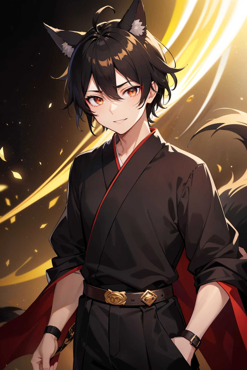 (high-quality, breathtaking),(expressive eyes, perfect face), 1boy, male, solo, teenager, black hair , gold coloured eyes, gentle smile, short hair, loose hair, hair between eyes, japanese clothing, black shirt with a red trim, black pants, brown belt, black fox ears on top of his head, Symmetrical Eyes,
