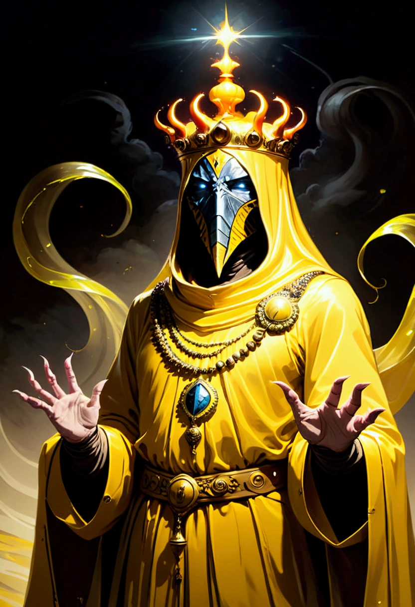 A painting of hastur the king in yellow, yellow-robed, beautiful male ,king in yellow, hastur the king in yellow, , portrait of hastur the king in yellow, the king in yellow,honoring hastur the king in yellow artwork, portrait of the god hastur,hastur,galactic deity, concept art of hastur the king in yellow, peter mohrbacher style,