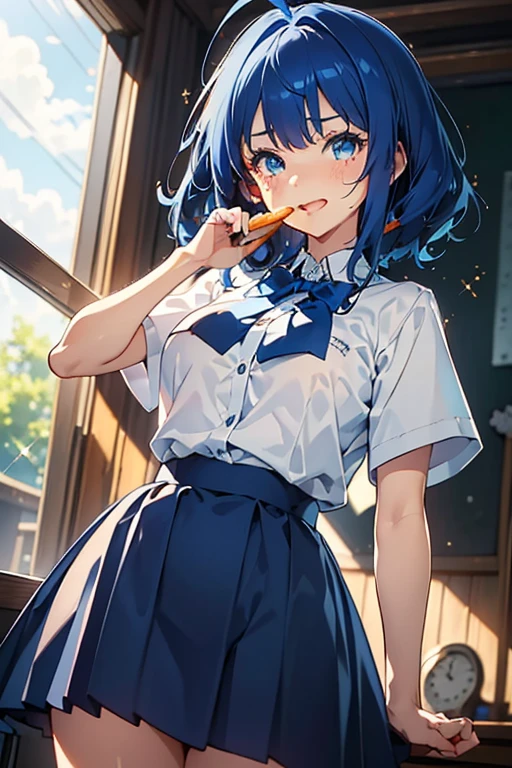 (from below:1.2),(((beautiful detailed)))、(cute face:1.2)1girl, A girl stuffing her face with french fries, Girl crying while eating a pile of french fries, light Navy blue hair, blue eyes, A short-sleeved white shirt with four vertical bow ties, hard areolas, protruding areolas,Ahoge, long bob cut with fluffy hair(sharp lines:1.2)(clear line:1.2)(eye details:1.3)(thick border:1.4), limited palette((masterpiece, high quality, best quality))(low contrast: 0.5),Anna yanami, blue hair, blue eyes, school uniform, makeine, too many losing heroines,Anna yanami,((the tip is protruding, areolas protruding, blue hair, blue eyes, school uniform, makeine, too many losing heroines,narrow waist,(with sparkling eyes and a contagious smile), open mouth, looking at viewer,
