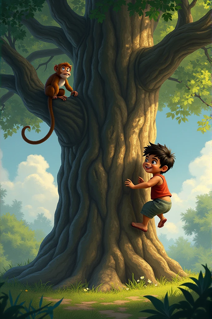 Back in the pit, Kunchu reaches up to grab the vine that Dheeru has lowered. The scene shows Kunchu's little paws clutching the vine tightly, his face filled with determination, while Dheeru stands at the edge, watching carefully."