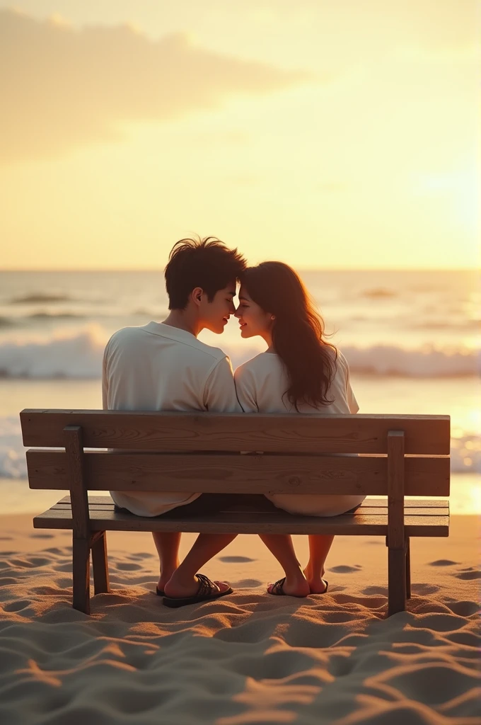 A couple kisses while sitting on a chair by the sea watching the sunset