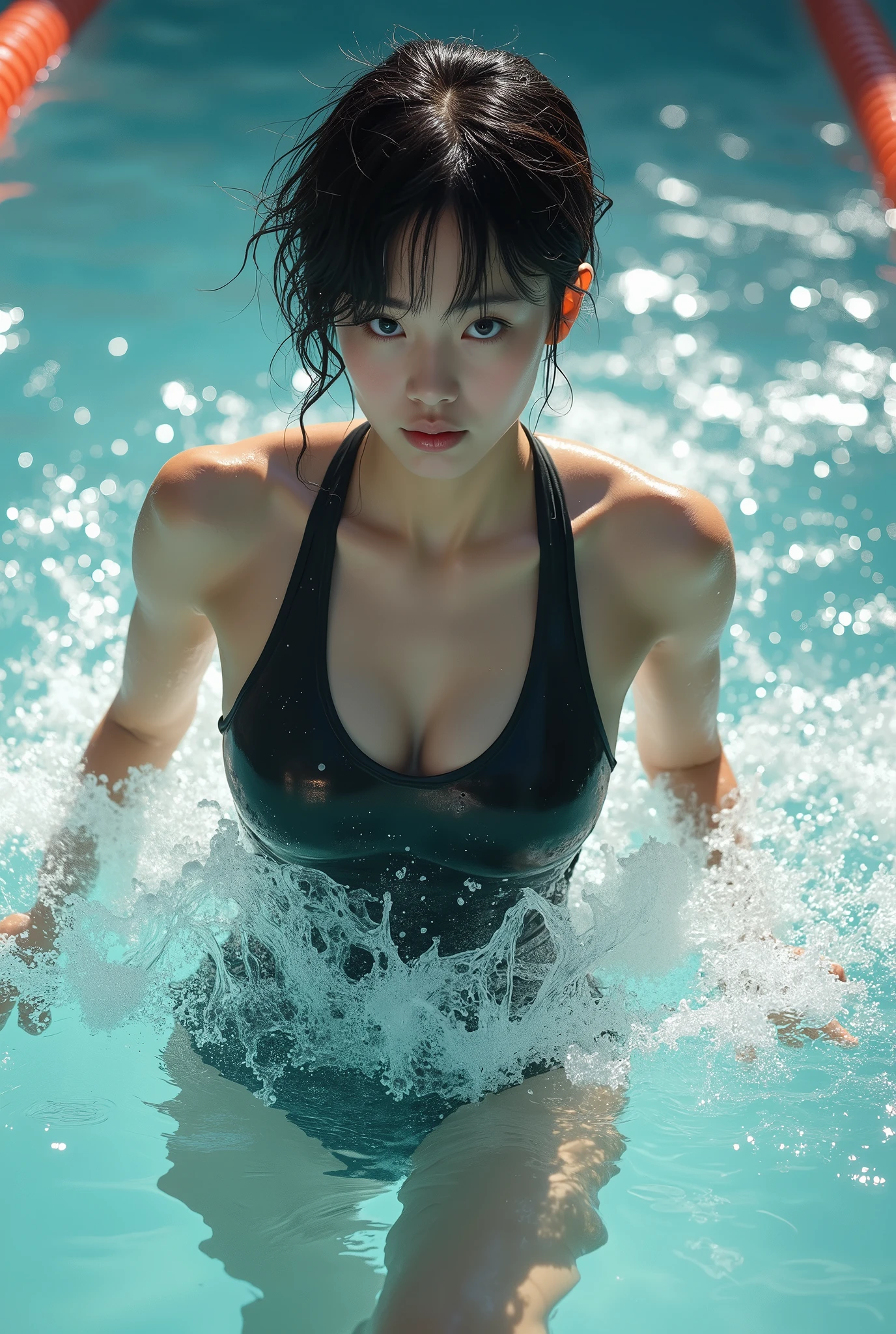 ((Best quality, 8k, Masterpiece :1.3)), 1girl, Pretty woman with emphasizing slender abs :1.3, Huge breasts :1.2, wet thong:1.2, licking :1.1, Pool, Ultra-detailed face, Highly detailed lips, Detailed eyes, Double eyelid