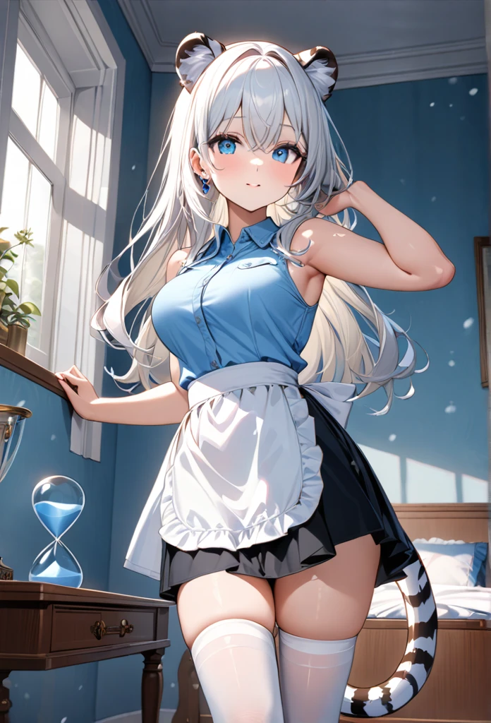 highest quality, ultra high resolution, super detailed, gorgeous, masterpiece, best quality, high resolution finely detailed, extremely beautiful, distinct image, hourglass figure, 1 young teenage girl, (front-view), (side-view), soft and beautiful facial features, symmetrical face, (((casual sleeveless baby blue top))), ((( simple black knee-length skirt))), white waist apron atop her skirt, sheer white thigh-high stockings, piercing predatory blue eyes, innocent doe shaped eyes type, well endowed breasts F-cup breasts, immaculate curves, tall height(190cm), slim thick curvy body, athletic and flexible physiques, flowing snow-white hair, narrow waist, long legs, opulent bedroom background, milky white skin color shimmering in the sunlight coming in from the window, hip-level shot, snow-white feline tiger ears, white striped tiger tail protruding out her back, natural indoor background with a bed and desk, casting gentle shadows, casual and slightly intense atmosphere, low angle, sharp focus on the subject, no motion blur, well-lit overall exposure, front-view, gazing straight into the camera