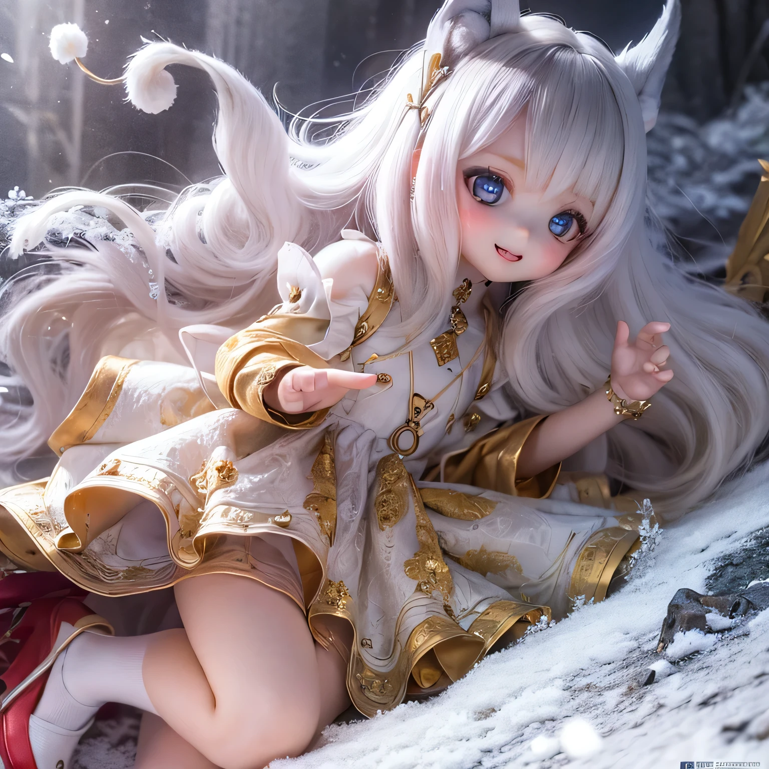 (highest quality, High resolution, Realistic:1.37),Very detailed, Beautiful details,Beautiful lip detail,Very detailed目と顔,Long eyelashes,One Girl,Portraiture,Sharp focus,Vibrant colors,Soft lighting,Fenrir Girls,Fantasy elements,Snow Scene,ice magic,Flowing hair,Heavenly beauty(((((whole body)))))(((((Princess Dress)))))cute yo cute whole body (((Cute pose)))(((((((ch)))))(((pretty girl)))flat chest shoesタイツ contrapposto、Smiling in a short dress