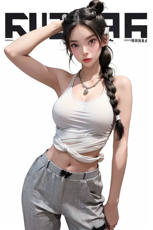 (Magazine Cover:1.3),Urzan-6500, (Realistic: 1.3) (original: 1.2), masterpiece, Highest quality, Beautiful and clean face, whole body, 1 Female, (Wearing a black, white  headphones with complex electronics), Wearing a black tank top and orange pants with buckles and tape, (Crystal Necklace), pose for a photo, (White braided hair bun),