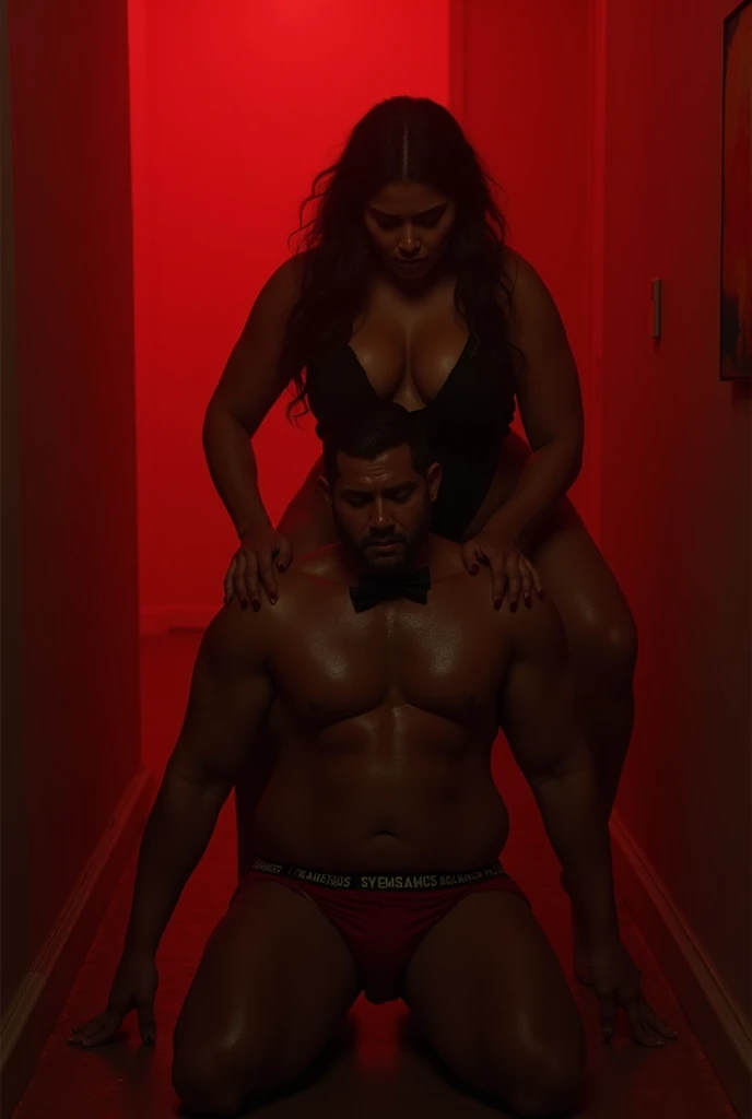 A young Puerto Rican man with a beard, hairy, strong and muscular, in red underwear, having his underwear pulled open and pulled down by a beautiful woman in red panties crouching in front of him, in performance on a stage of a television program presented by a famous presenter.