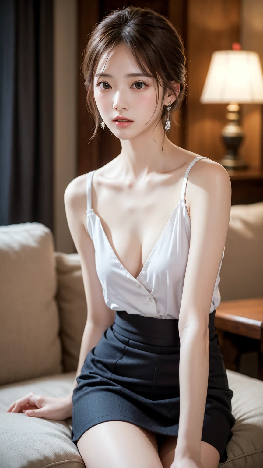 absurderes, Raw photo, Extremely delicate and beautiful, masutepiece, Best Quality, Ultra High Resolution, 16 K, hyper realisitic, Ultra-detailed, Perfect Anatomy, Ultra-detailed細なスキン, Perfect figure, Very detailed CG 8k wallpaper, in her 20s, Very slim body, Narrow waist, Very small head, Very small face, Delicate facial features, tear moles, Earring, thin legs, (very massive round chest), Girls, Full body shot, Short hair, Wavy Hair, (Business Suit), Blouse, Skirt, Bare shoulder,