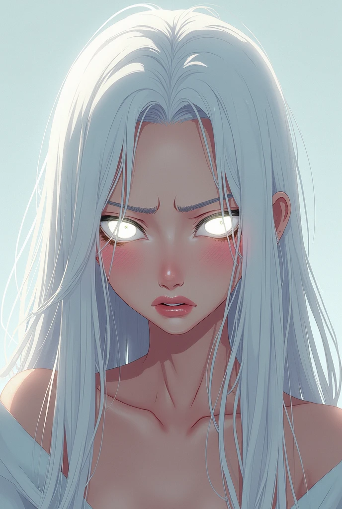 hair, whites, White eyes, big head, nudity, Very white skin, translucent body, expressionless