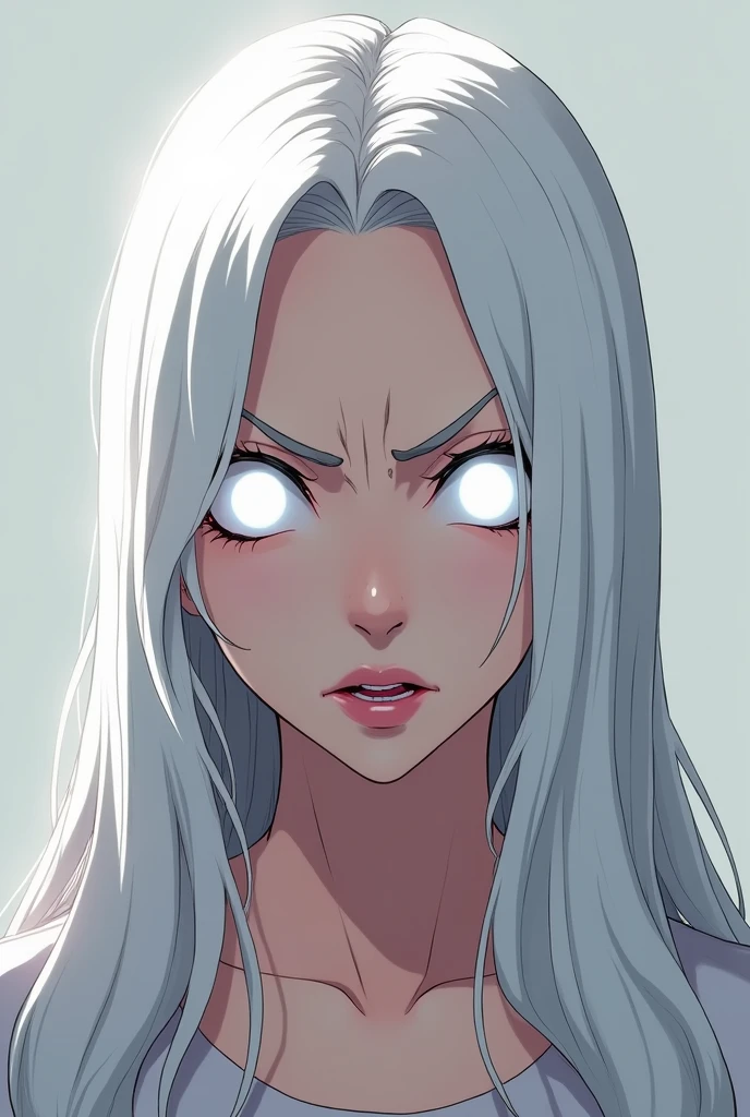 Screenshot of boku no hero academia, Beautiful woman, slanted eyes, light blue eyes, long straight hair, white hair color with red highlights, low cut red dress, looking at the camera