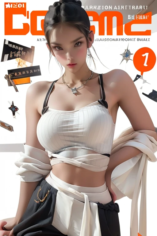 (Magazine Cover:1.3),Urzan-6500, (Realistic: 1.3) (original: 1.2), masterpiece, Highest quality, Beautiful and clean face, whole body, 1 Female, very large burst breast, (Wearing a black, white  headphones with complex electronics), Wearing a black tank top and orange pants with buckles and tape, (Crystal Necklace), pose for a photo, (White braided hair bun),