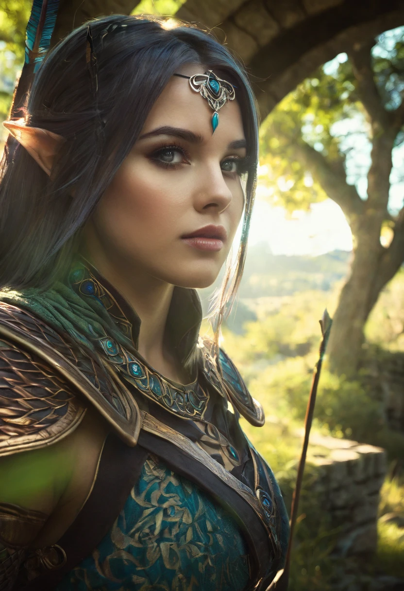 a delicate woman archer, fantasy, in the world of dragon age, 1girl, detailed face, beautiful eyes, beautiful lips, long eyelashes, intricate costume, fantasy landscape, ancient ruins, sunlight filtering through trees, dramatic lighting, muted color palette, cinematic composition