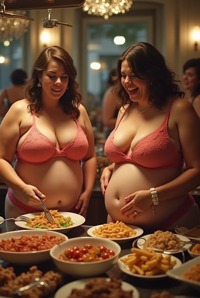 A group of ((morbidly obese)) women, all are fully nude with large breasts and big round bellies, in a gym shower with showers on