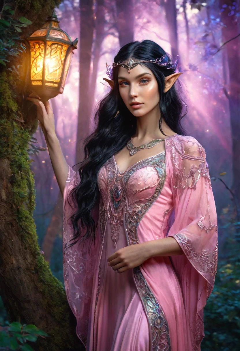 a delicate fantasy elf mage, beautiful detailed pink dress, long wavy black hair, porcelain skin, intricate decorative details, ethereal, glowing magical aura, detailed facial features, elegant posture, fantasy forest background, warm lighting, vibrant colors, (best quality,4k,8k,highres,masterpiece:1.2),ultra-detailed,(realistic,photorealistic,photo-realistic:1.37)