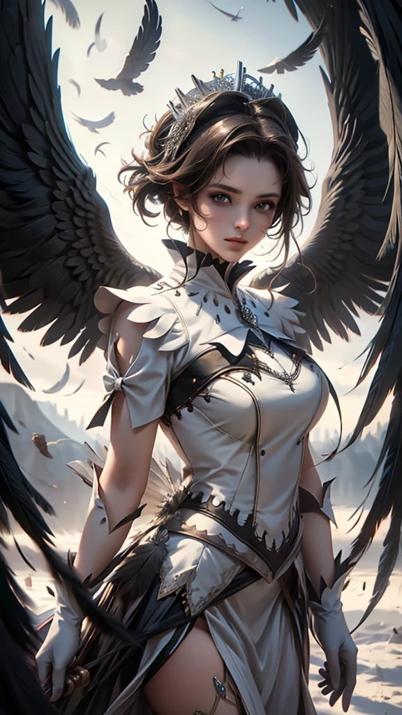 masterpiece, Angel Girl, young，，Brunette with wings, White dress with feathers, Close-up portrait, Delicate face, Lots of black feathers, silver，Black Wings