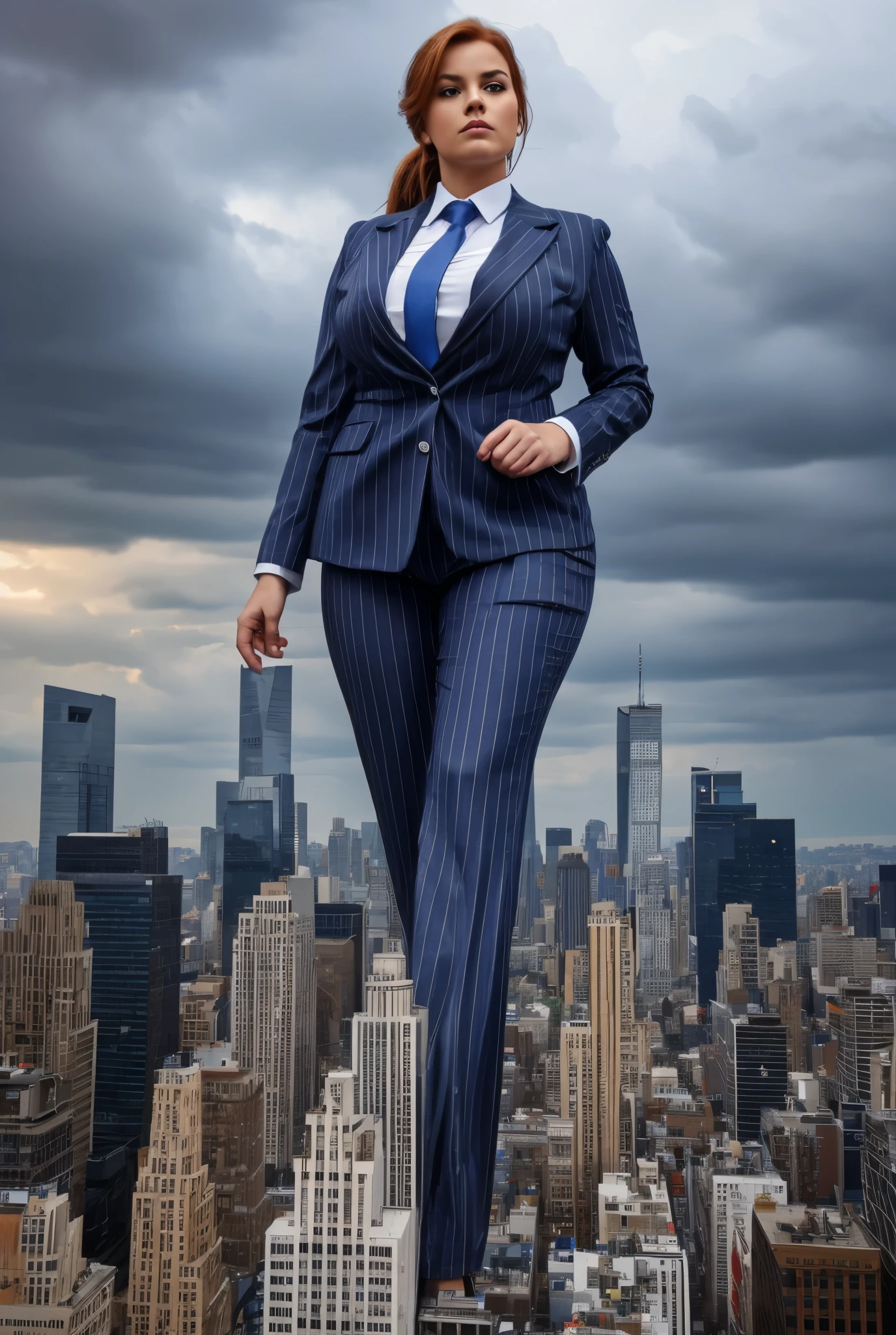 Giantess art, tera giantess in distance walking on countries, young women with beautiful curves, massive thighs, ginger hair, lipstick, wearing a perfect form-fitting loght grey pinstripe trouser suit and blazer, crisp white shirt with large spread collar, large blade width Windsor knot blue tie, with massive breasts. She is wearing platform high heels A towering woman looking at viewers, Her toned and she lean and slender body. She seems to be casually strolling through the bustling cityscape of New York City, as towering buildings loom overhead. Smoke and clouds roil around her, adding to the sense of epic scale and drama. The lighting is dark, gloomy, and realistic, creating a tense and ominous atmosphere. The perspective is from below, emphasizing the sheer majesty and power of the A towering Giantess. This image is highly detailed, photorealistic, best quality, a masterpiece, with cinematic lighting, ultra-detailed, long ponytail hair with front bangs, high altitude photography, satellite view, a curvy figure, heaving bosom, legs, a stepping on mulitple mega city,, destruction, buildings, roads, a cloudy, overcast, hazy atmosphere, and wispy clouds. Pov