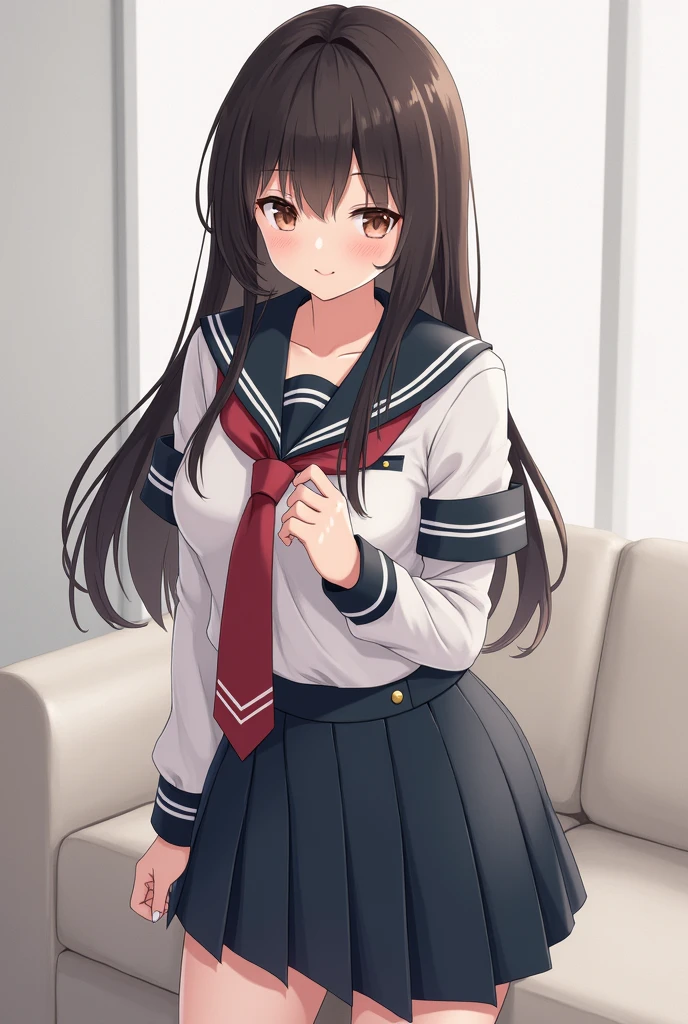 muste piece, best quality, 1 girl,brown hair, (black eye:1.2),((sailor suit))、(((White Thigh Socks)))、((embarrassed expression))、((Saori Takebe))、((Photo from below))、(((mini skirt)))、((medium long hair))、((japanese uniform))、((white panties))、((C cup breasts))、((Girls and Panzer))