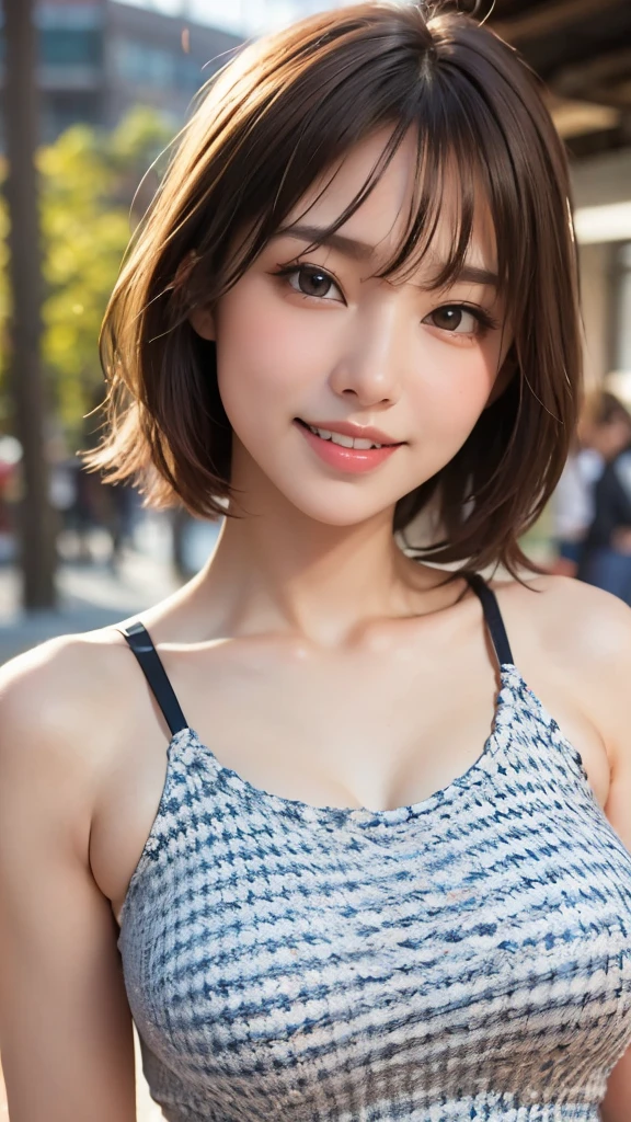 8k,Best Quality,(masterpiece:1.2),(Realistic),(Realistic:1.37),Ultra-high resolution,Female university student 1 person,Droopy eyes,Beautiful teeth alignment, smile,Well-formed fingers,Shinjuku,(((Cute casual clothes))),Big Breasts,Perfect body,Perfect Fingers,Beautiful Skin,Professional Lighting,gravure,Detailed face and skin textures,fine grain,RAW Photos