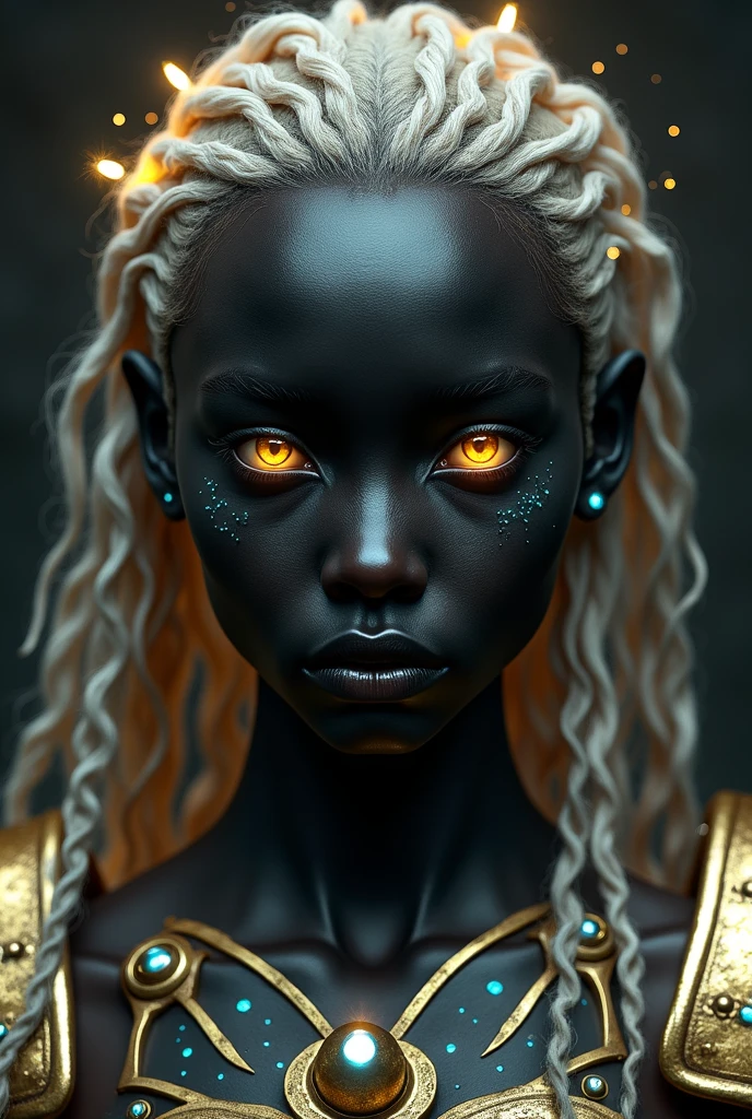 Young Black girl. Long white hair that reaches her feet. White beads on head that reaches her forehead. Glowing white eyes. Long white earrings. Full Finger Chinese style gold rings. Ultra high quality.