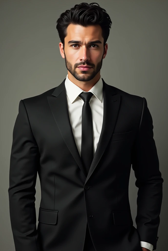 Handsome Italian young man, 30 years old, bright brown eyes. Very curly black hair with side split, 6'2, slender but muscular figure. Black jacket and tie and white shirt suit. No facial hair. Realistic.