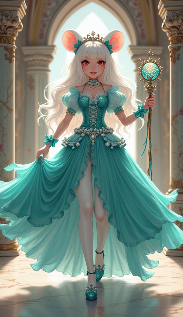 a day of the dead goddess wearing a majestic crystal teal and gold ball gown dress, big beautiful dress, intricate puffy ball gown with lots of ruffles and rhinestones (Masterpiece, Top Quality, Best Quality, Official Art, Beautiful and Aesthetic: 1.2), (1 Flower), Full Body, Extremely Detailed, (Fractal Art: 1.3), Colorful, Most Detailed