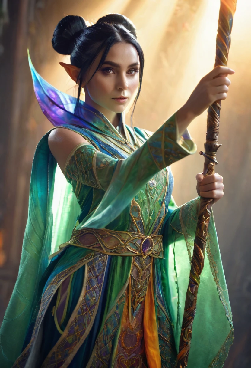 a delicate fantasy elf mage, black hair in bun, young, action pose, holding magic staff, looking at camera, intricate detailed costume, dramatic lighting, cinematic, fantasy art style, ethereal, vibrant colors, highly detailed, 4k, photorealistic