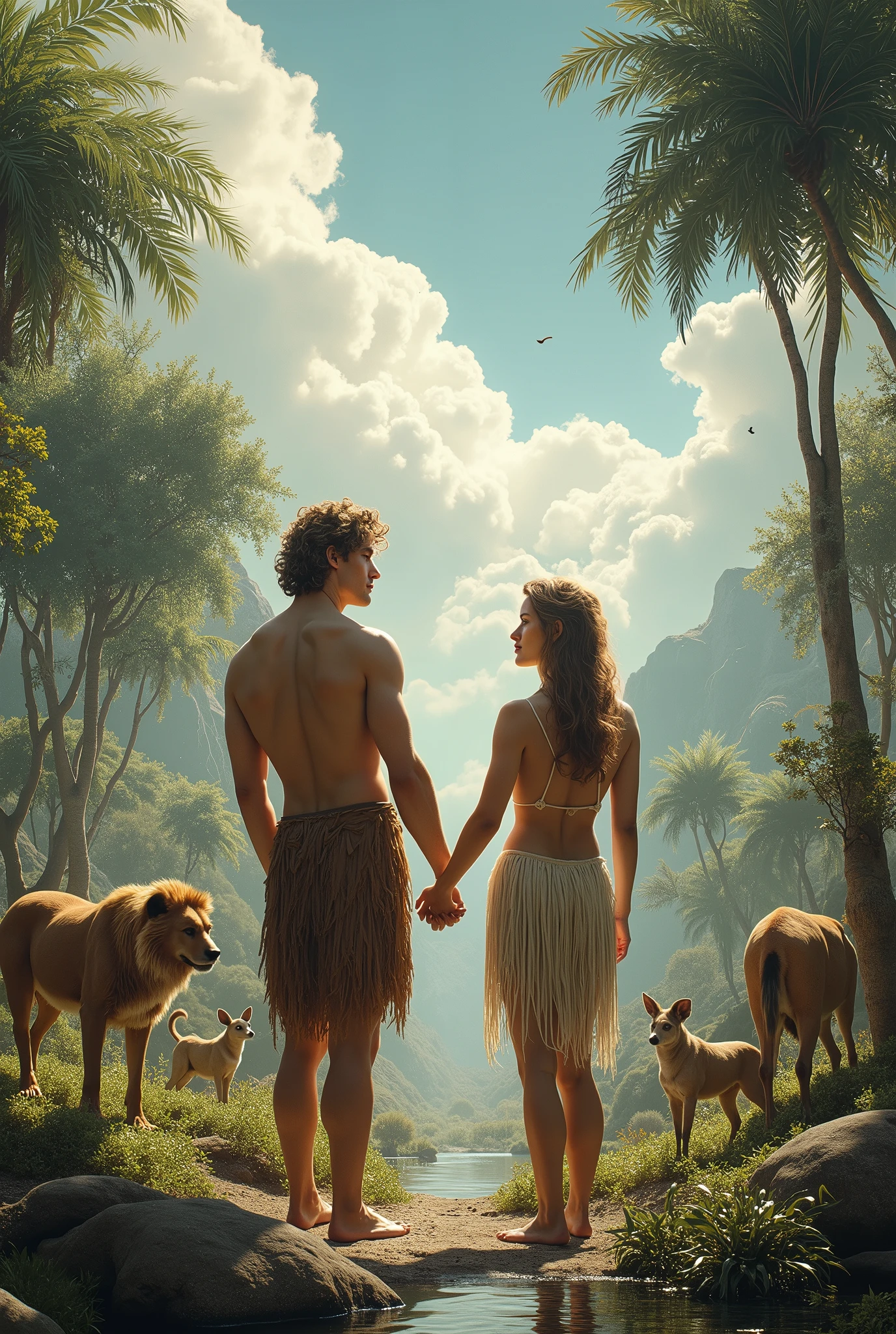 An early human stands on a vast savannah, looking at the horizon with a look of admiration. Beside him, a modern human being is also fascinated by the view. The sun is setting, casting a warm golden glow, as the sky turns into a deep blanket, black as coal, filled with countless twinkling stars. Both humans, one in primitive clothing and the other in contemporary attire, share a subtle and positive interaction, united by their sense of wonder at the cosmic dance above. The sparse vegetation of the savannah reinforces the atmosphere of mystery, symbolizing a connection across time in their shared experience of the universe.