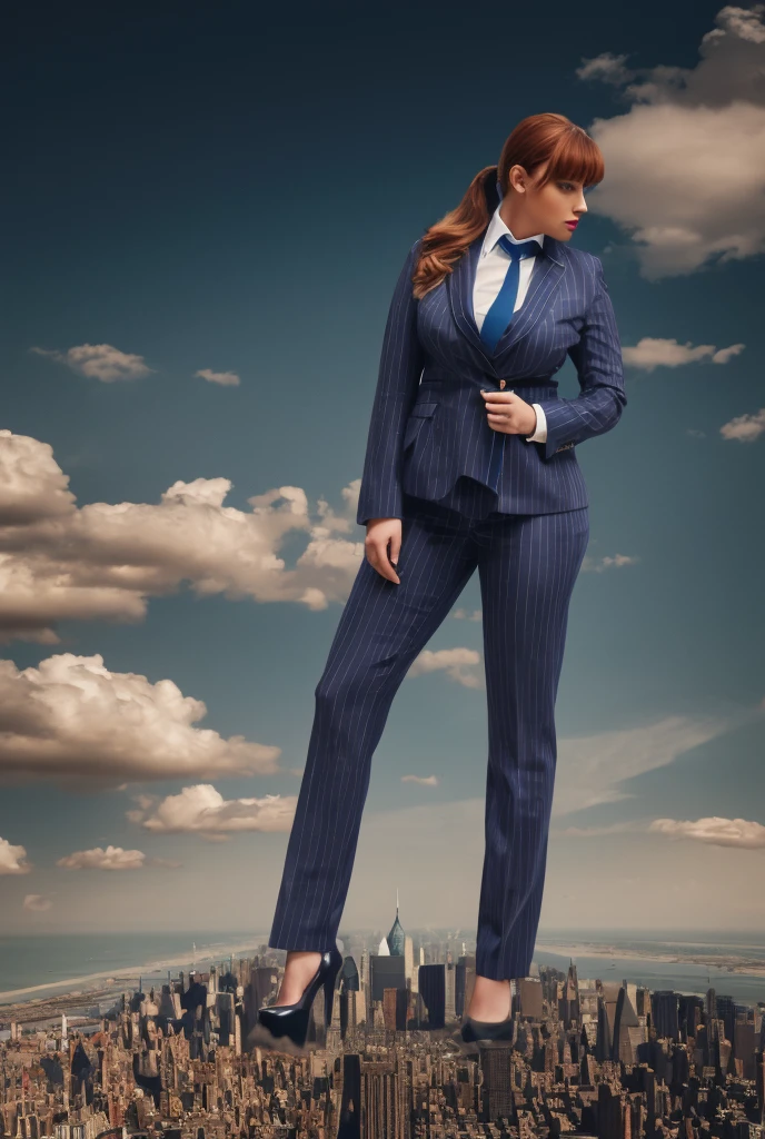 Giantess art, tera giantess in distance walking on countries, young women with beautiful curves, massive thighs, ginger hair, lipstick, wearing a perfect form-fitting loght grey pinstripe trouser suit and blazer, crisp white shirt with large spread collar, large blade width Windsor knot blue tie, with massive breasts. She is wearing platform high heels A towering woman looking at viewers, Her toned and she lean and slender body. She seems to be casually strolling through the bustling cityscape of New York City, as towering buildings loom overhead. Smoke and clouds roil around her, adding to the sense of epic scale and drama. The lighting is dark, gloomy, and realistic, creating a tense and ominous atmosphere. The perspective is from below, emphasizing the sheer majesty and power of the A towering Giantess. This image is highly detailed, photorealistic, best quality, a masterpiece, with cinematic lighting, ultra-detailed, long ponytail hair with front bangs, high altitude photography, satellite view, a curvy figure, heaving bosom, legs, a stepping on mulitple mega city,, destruction, buildings, roads, a cloudy, overcast, hazy atmosphere, and wispy clouds. Pov