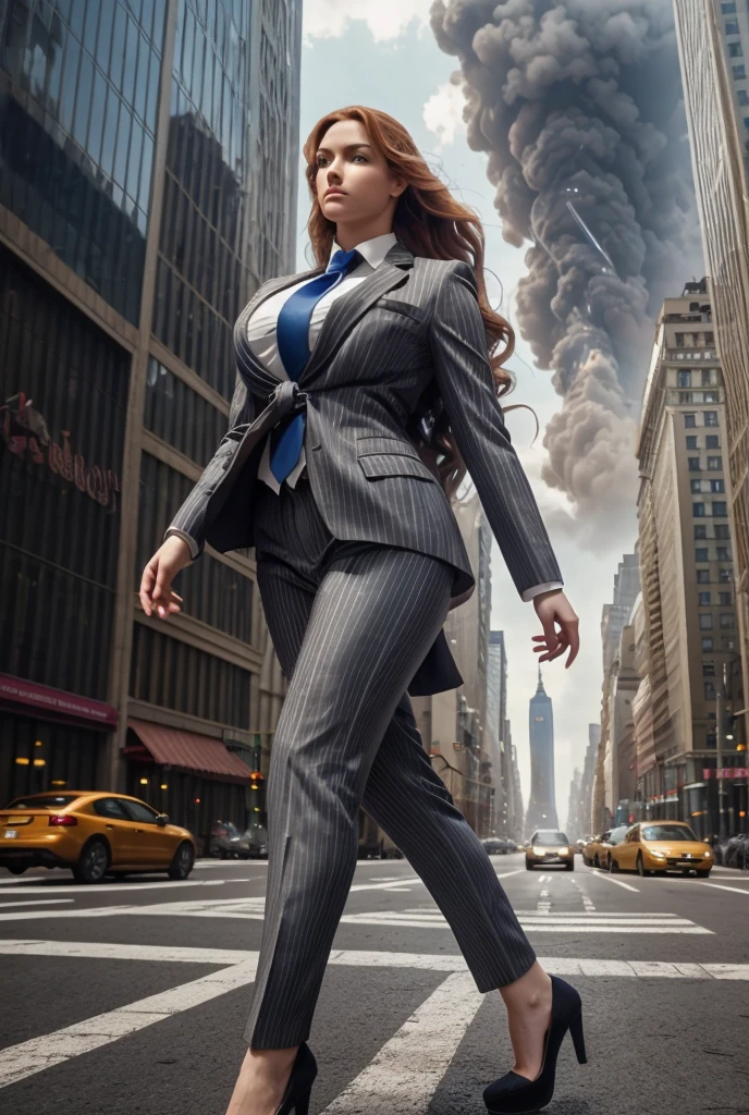 Giantess art, tera giantess in distance walking on countries, young women with beautiful curves, massive thighs, ginger hair, lipstick, wearing a perfect form-fitting loght grey pinstripe trouser suit and blazer, crisp white shirt with large spread collar, large blade width Windsor knot blue tie, with massive breasts. She is wearing platform high heels A towering woman looking at viewers, Her toned and she lean and slender body. She seems to be casually strolling through the bustling cityscape of New York City, as towering buildings loom overhead. Smoke and clouds roil around her, adding to the sense of epic scale and drama. The lighting is dark, gloomy, and realistic, creating a tense and ominous atmosphere. The perspective is from below, emphasizing the sheer majesty and power of the A towering Giantess. This image is highly detailed, photorealistic, best quality, a masterpiece, with cinematic lighting, ultra-detailed, long ponytail hair with front bangs, high altitude photography, satellite view, a curvy figure, heaving bosom, legs, a stepping on mulitple mega city,, destruction, buildings, roads, a cloudy, overcast, hazy atmosphere, and wispy clouds. Pov