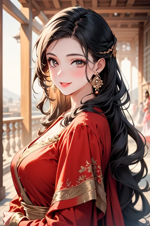 หญิงสาวAnimeผิวขาวอายุ 23 ปี, Beautiful black hair, Forward at eye level, Wearing an ancient noblewoman's dress, An indifferent expression with black eyes., Have a strong and well-defined body., Unattractive full-body front view, hair accessories, Anime,