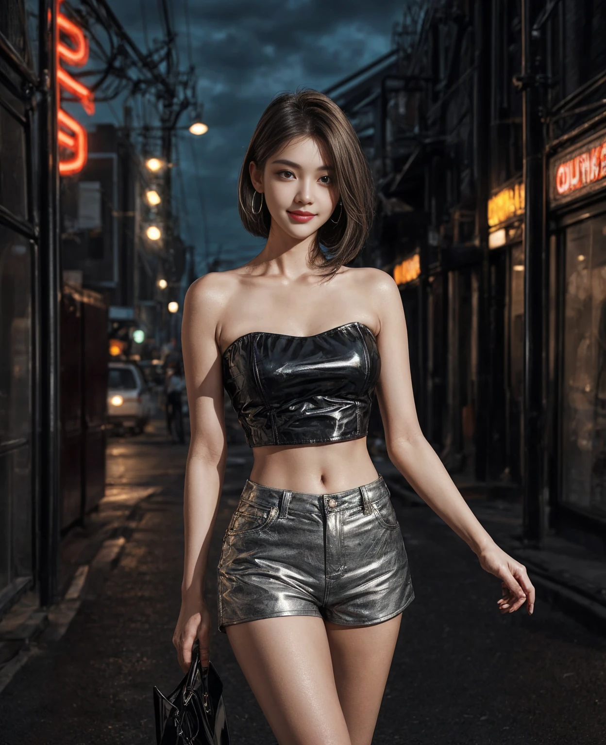 Random Posture, mix4, (8k, RAW photo, highest quality, masterpiece: 1.2), (realistic, photorealistic: 1.37), one girl, cute, cityscape, night, rain, wet, professional lighting, photon mapping, radiosity, physical based rendering,, gradient black hair,, gray hair, short curly, handsome, girl, white tight shirt with collar, mini skirt, top quality photo, high resolution, 1080p, (clear face), (detailed face description), (detailed hand description), (masterpiece), (elaborate CG), extreme light and shadow, short unbalanced bob, master work, rich details, (fine facial features), (top quality photo), (masterpiece), (detailed eyes), look ahead of you eyes, fine collarbone, small face, petite and delicate body shape