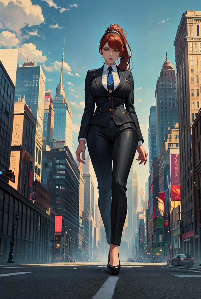 Giantess art, tera giantess in distance walking on countries, young women with beautiful curves, massive thighs, ginger hair, lipstick, wearing a perfect form-fitting loght grey pinstripe trouser suit and blazer, crisp white shirt with large spread collar, large blade width Windsor knot blue tie, with massive breasts. She is wearing platform high heels A towering woman looking at viewers, Her toned and she lean and slender body. She seems to be casually strolling through the bustling cityscape of New York City, as towering buildings loom overhead. Smoke and clouds roil around her, adding to the sense of epic scale and drama. The lighting is dark, gloomy, and realistic, creating a tense and ominous atmosphere. The perspective is from below, emphasizing the sheer majesty and power of the A towering Giantess. This image is highly detailed, photorealistic, best quality, a masterpiece, with cinematic lighting, ultra-detailed, long ponytail hair with front bangs, high altitude photography, satellite view, a curvy figure, heaving bosom, legs, a stepping on mulitple mega city,, destruction, buildings, roads, a cloudy, overcast, hazy atmosphere, and wispy clouds. Pov