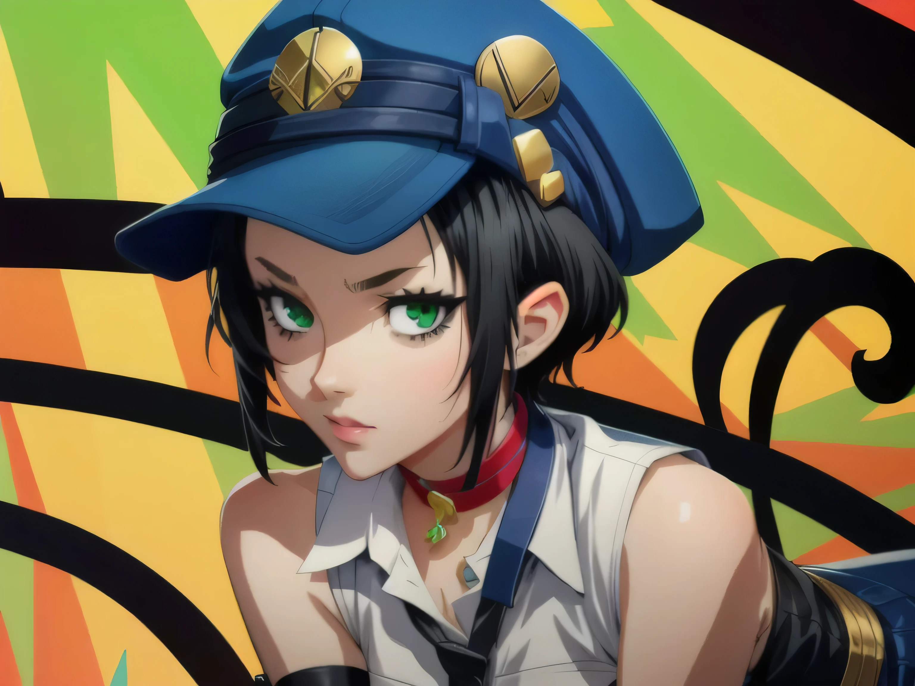 MarieP4, headshot, black hair, bright green eyes, forehead, red choker, solo, hat, short hair, red choker