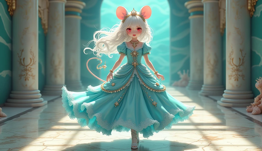 (best quality,4k,8k,highres,masterpiece:1.2),ultra-detailed, drawn in anime style, Pretty anthropomorphic albino mouse girl magically transformed into a beautiful mermaid princess, race swap, fantastic transformation, sharp teeth, beautifully detailed lips with lipstick, she’s smiling, steampunk, fishlike, wet body, very long curly white hair adorned with hair accessories, red eyes with long eyelashes, white fur, slim body, red manicured nails, whiskers, mouse ears with pearls hanging from them, long mermaid tail below waistline with shimmering cyan fish scales, pelvic and dorsal fins, a pair of fish gills on her torso, highly detailed seashell bra with intricate patterns, pearl bracelets, pearl necklace, tiara made of seashells, cute princess dress, physically-based rendering,gorgeous frilly dress design,flowing gown,elaborate details,rich textures,contrast stitching,delicate ribbon bows,fish scales accents, translucent skirt,fitted waistline,lace-up back,luxurious fabrics,flawless silhouette, joyful expression, sparkling water, water reflections, ethereal atmosphere, subtle glow, whimsical and enchanting, , underwater castle interior, intricately decorated throne room, magical underwater lighting, vivid colors, breathing underwater, endless ocean depths, light filtering through the water, Highly detailed, masterpiece, high quality, 4K.