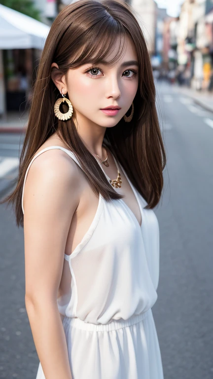(1 woman:1.1)、Beautiful Japan adult woman、((best qualtiy, 8K, tmasterpiece:1.3))、((realisitic:1.5))、((sense of reality:1.5))、Perfect litthing、Perfect figure beautiful woman:1.4、((Layered Hair Style、ample breasts:1.2))、(Translucent blouse:1.2)、(Street:1.2)、Highly detailed facial and skin texture、glowy skin、A detailed eye、二重まぶた、(The front of the blouse is open:1.1)、(breast cleavage exposed:1.1)、(You can see the protrusion of the nipples from the top of the blouse.:1.1)、Gorgeous Gold Necklace、Gorgeous Gold Earrings、see the beholder、Upshot、