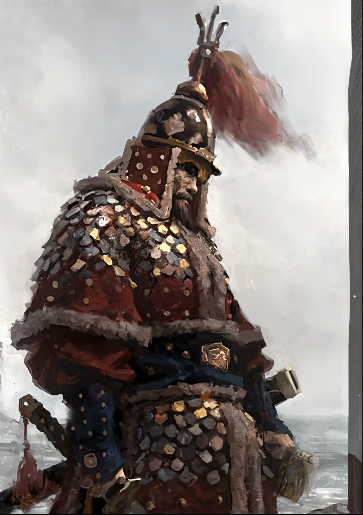 a detailed portrait of Yi Sun-sin, a Joseon era military commander, traditional korean armor, ornate headpiece, determined expression, weathered facial features, holding a sword, scenic landscape background, traditional korean architecture, muted color palette, dramatic lighting, cinematic composition, highly detailed, photorealistic, (best quality,4k,8k,highres,masterpiece:1.2),ultra-detailed,(realistic,photorealistic,photo-realistic:1.37)