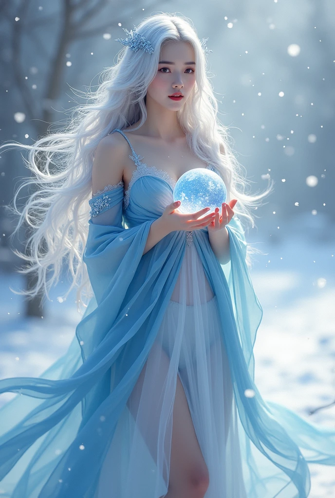 Full body photo of the Ice Queen, kingdom, sun, High resolution, detailed, Complex, Cinematic, amazing, dramatic, Fantasy, Magic, Mysterious, winter, frozen, Icicle, the snow's, Marbled, Crystal Clear, ultra detailed, Realistic, 8k, masterpiece, Concept Art, Portraiture, beautiful detailed eyes, beautiful detailed lips, extremely detailed face and features, Long eyelashes, Flowing Hair, Elegant Dresses, Holding a crystal ball in both hands, Smiling Hall々A pose, (((Tabletop:1.4))), dramatic lighting, Shining Aura, Cool color palette, Blue and white tones, Sparkling ice crystals, Splendid architecture, Snow Scene
