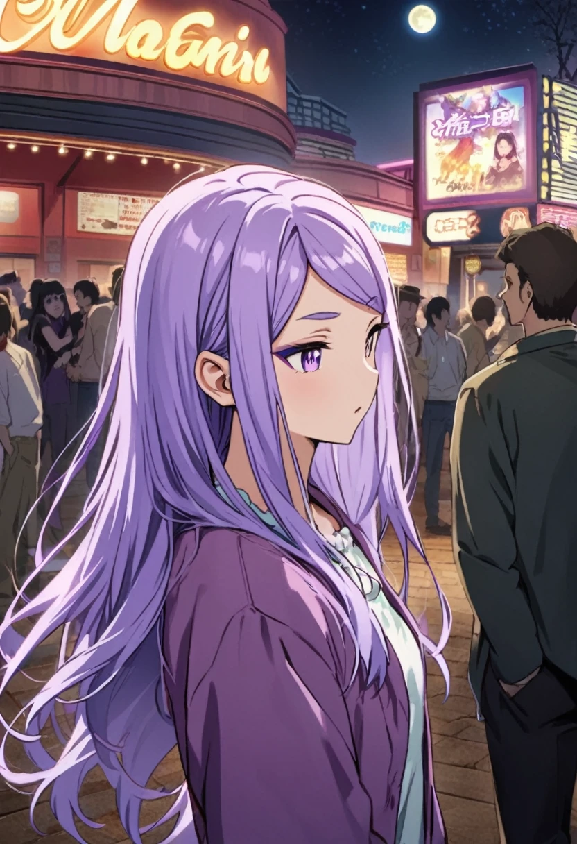 Night view crescent moon、A scene from the cinema、Exotic、Purple long hair、purple eyeshadow purple eyes、Horse Girl、Ear on hair、Mejiro McQueen、Official Art、