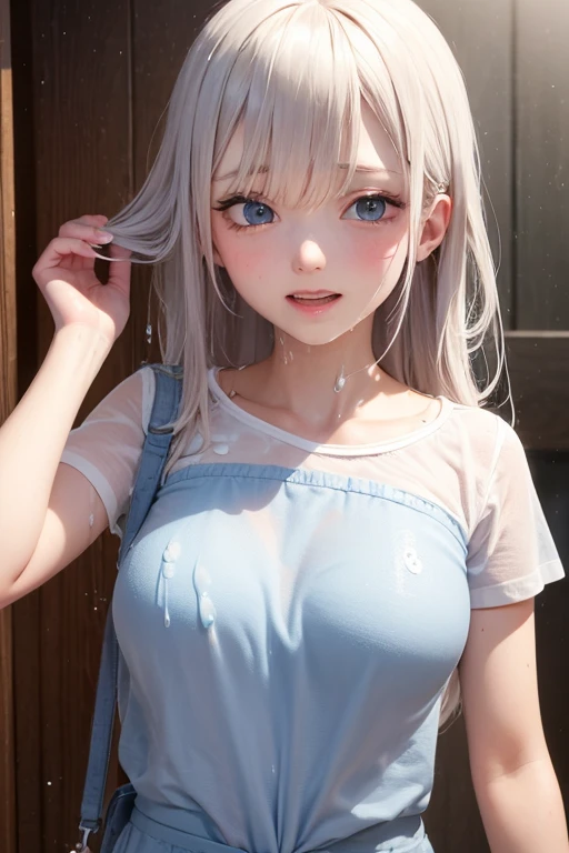 female android,skin is delicate,Head up,Huge mouth,looking at me,((Complete throat),((heav breathing)),(Fully drape),Wearing sweat,suspending),The dress drips,Ultra-low neck dress,No underwear,pantyless,long layered silvery white hair,