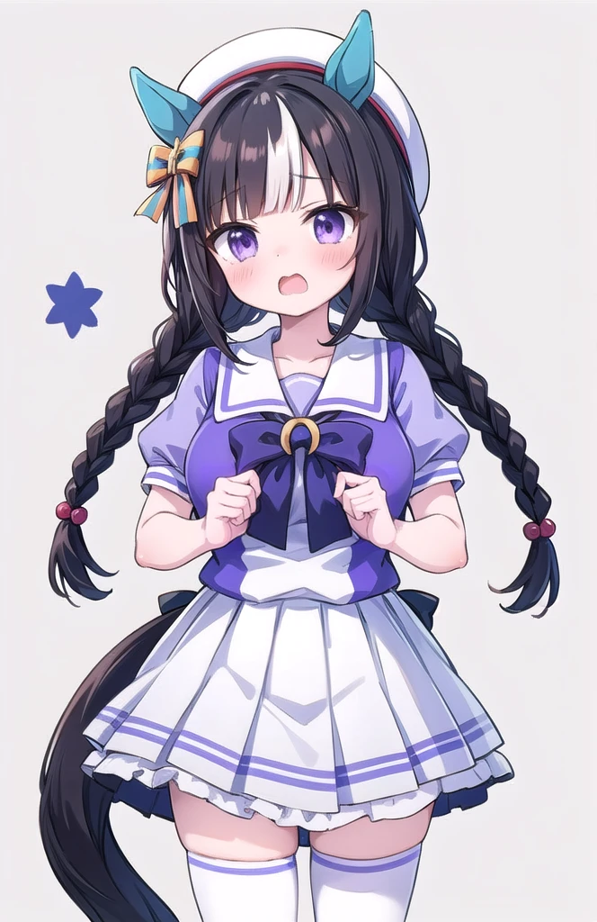 1girl, solo, masterpiece, best quality, perfect hands, blush, summer uniform, hokko tarumae \(umamusume\), embarrassing, surprised expression, open mouth, white hat, beret, serafuku, puffy short sleeves, purple bowtie, hair ornament, sailor collar, sailor shirt, purple shirt, white skirt, pleated skirt, white thighhighs, miniskirt, zettai ryouiki, twin braids, horse ear, horse tail, black hair, white, streaked hair, purple eyes, blunt bangs, huge breasts, bow, frills