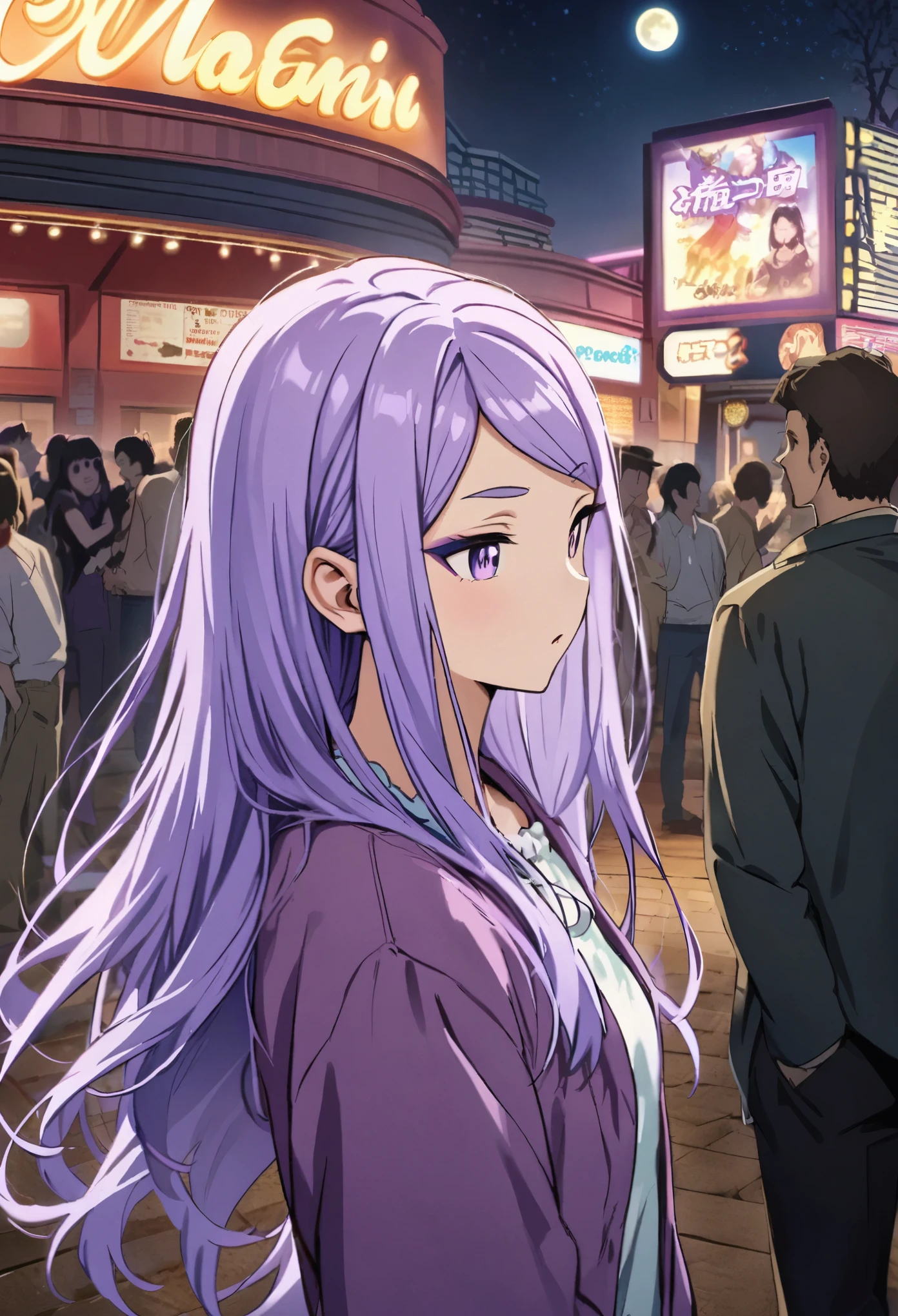 Night view crescent moon、A scene from the cinema、Exotic、Purple long hair、purple eyeshadow purple eyes、Horse Girl、Ear on hair、Mejiro McQueen、Official Art、