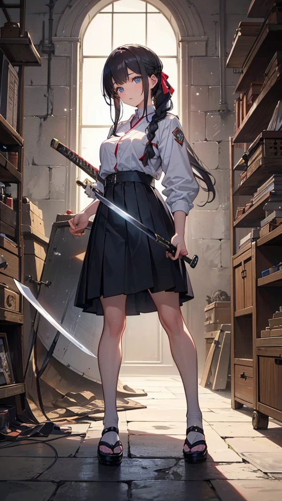 ((Swordsmith High  Girl,Master Craftsman,Wearing a uniform,Teenag,Soft looking lips,Glossy skin,Hair is braided,Soft-looking skin:1.25,Hair Ribbon,Hair is braided)),(Japanese sword):1.25,(8k, Best Quality, masterpiece: 1.2, masterpiece, Attention to detail,Very detailed), Light color,Line art,Full Body Shot,Perfect Eyes,(Repeatedly forging the sword,A dusty and dark forge,A large fired blacksmith&#39;s hearth,A hammer for striking a sword,A large, long kettle filled with water to cool the swords on the floor,Anvil for striking a sword,A large number of prototype swords are hanging on the wall.,The floor is concrete,Sparks fly around the hammer.,A hammer that emits an aura,There are lots of note papers stuck on the wall.,Yugang,There is a large amount of coal):1.25