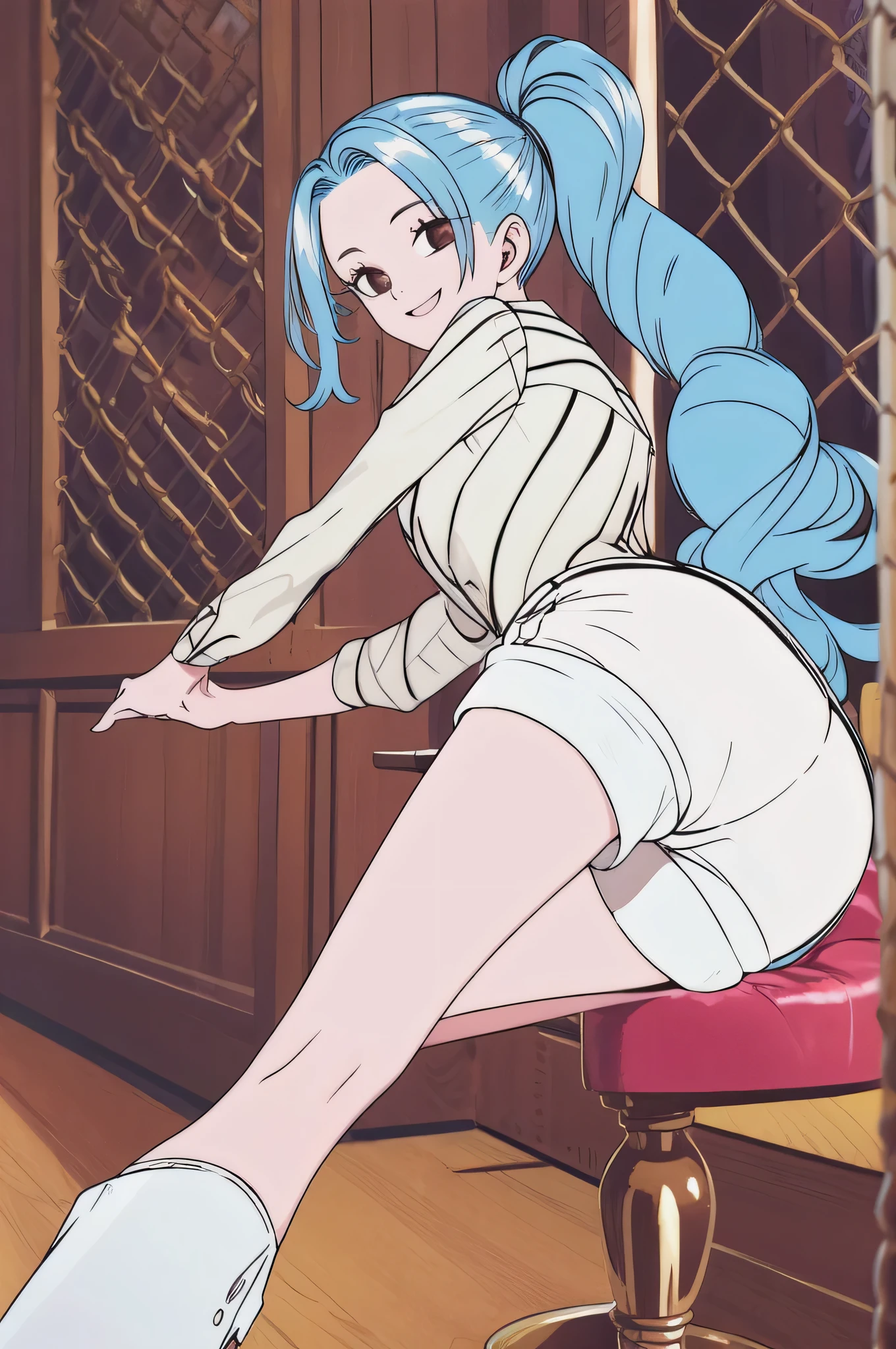 masterpiece, from behind, looking at the viewer, ass, ass focus, , best quality, high quality, highres, high res, absurdres, ultra-detailed, best anatomy, detailed eyes, perfect eyes, smile, vivi_pre, long hair, solo, 1girl, shirt, blue hair, ponytail, (white heeled boots:1.2), boots, shorts, (striped collared shirt:1.2), (white shorts:1.2), (long legs:1.1),