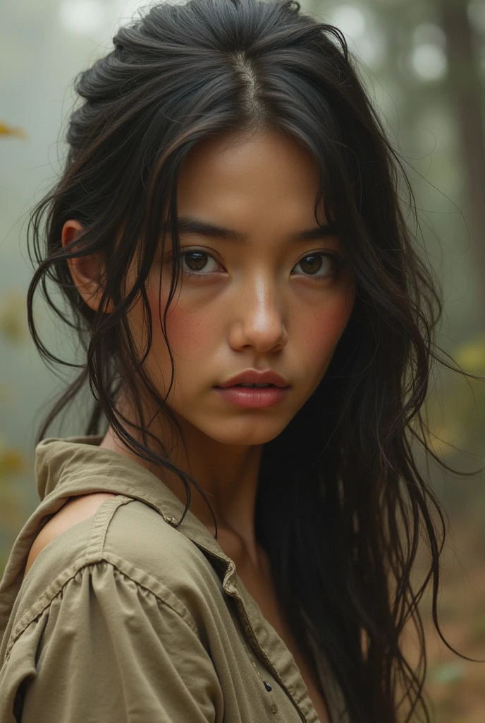 Typhoon, photorealistic full body portrait. amazingly beautiful Caucasian woman in her twenties crying against the background of fantastic jungle and muddy ground, clear white skin, wet and muddy, scratches everywhere, face dirty with long brown hair, bare feet without underwear, torn and tattered tank top, torn skirt, white skin, chest, thighs, smooth skin, frightened desperate, desperate expression, isometric details, amazingly realistic pictures, 8K High Quality Medium Dark Lighting, High Detail, Detail Eye, Detail Face --auto --s2