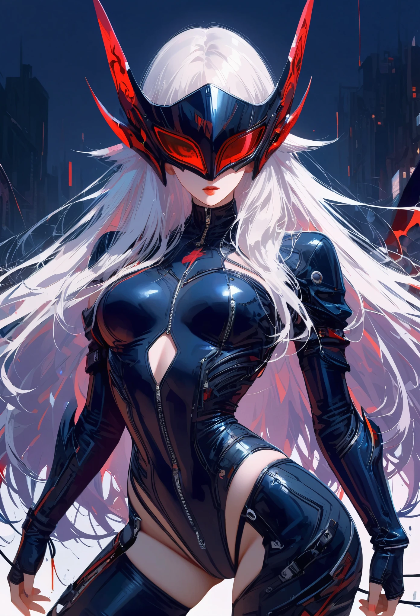 masterpiece, best quality, 8K, Digital painting, 1 girl, solo, stand up, youth, White hair, long white hair, hair accessories, red eyes, round pupils, Emotionless expression, blood stains, Mechanical Parts, electric wire, cable, failure effect, horrifying, science fiction, futuristic, Dark inside the background, neon lights, cyberpunk characters, Surreal, weird, Disturbing, spine-chilling, horrifying, jumpsuit,Red eyes,Venom Possession,blackened,Long black gloves,One-piece Pants,tight latex bodysuit,Highlight her graceful figure,wrap the whole body,symbiont,((Raised sexy)),jumpsuit,Red eyes,Venom Possession,blackened,Long black gloves,One-piece Pants,Black latex clothing,Blood-red eyes,best quality, High resolution, Super detailed, Vivid textures, mask, tight latex bodysuit, Bangs,purple hair, blue eyes
