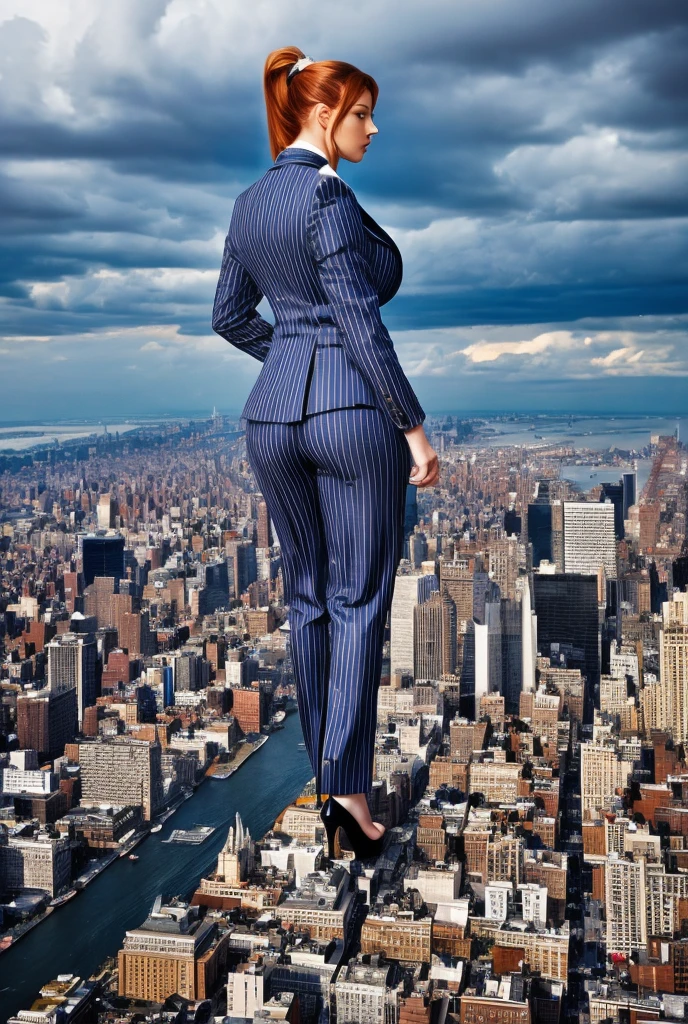 Giantess art, tera giantess in distance walking on countries, young women with beautiful curves, massive thighs, ginger hair, lipstick, wearing a perfect form-fitting loght grey pinstripe trouser suit and blazer, crisp white shirt with large spread collar, large blade width Windsor knot blue tie, with massive breasts. She is wearing platform high heels A towering woman looking at viewers, Her toned and she lean and slender body. She seems to be casually strolling through the bustling cityscape of New York City, as towering buildings loom overhead. Smoke and clouds roil around her, adding to the sense of epic scale and drama. The lighting is dark, gloomy, and realistic, creating a tense and ominous atmosphere. The perspective is from below, emphasizing the sheer majesty and power of the A towering Giantess. This image is highly detailed, photorealistic, best quality, a masterpiece, with cinematic lighting, ultra-detailed, long ponytail hair with front bangs, high altitude photography, satellite view, a curvy figure, heaving bosom, legs, a stepping on mulitple mega city,, destruction, buildings, roads, a cloudy, overcast, hazy atmosphere, and wispy clouds. Pov