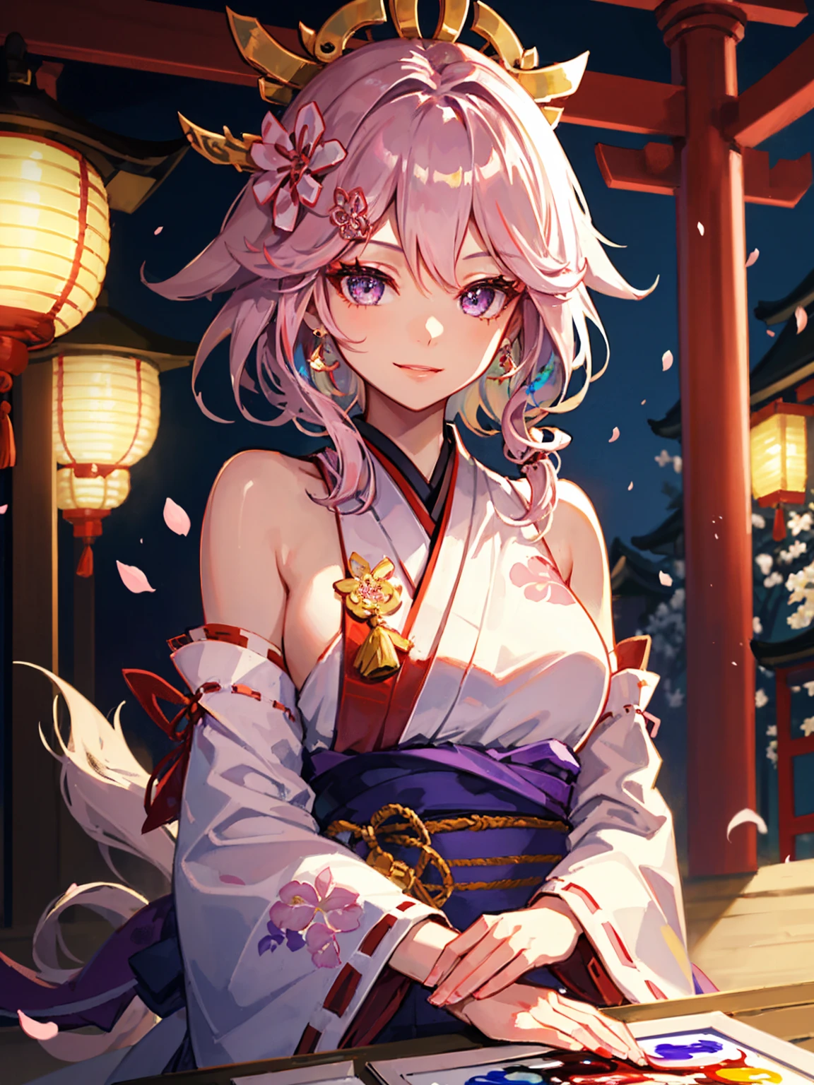 1girl, (ulzzang-6500:0.7), kpop idol, yae miko, detached sleeves, bare shoulders, pink hair, long hair, japanese clothes, best quality, (painting:1.5), (hair ornament:1.35), jewelry, purple eyes, earrings, large breasts, torii,  cherry blossoms,  lantern light, depth of field, detailed face, face focus, ribbon_trim, (looking at viewer:1.25), nontraditional miko, shiny skin, long sleeves, smile, thick lips, game cg, hands on lips, east asian architecture, (blurry background:1.2), sitting, upper body,