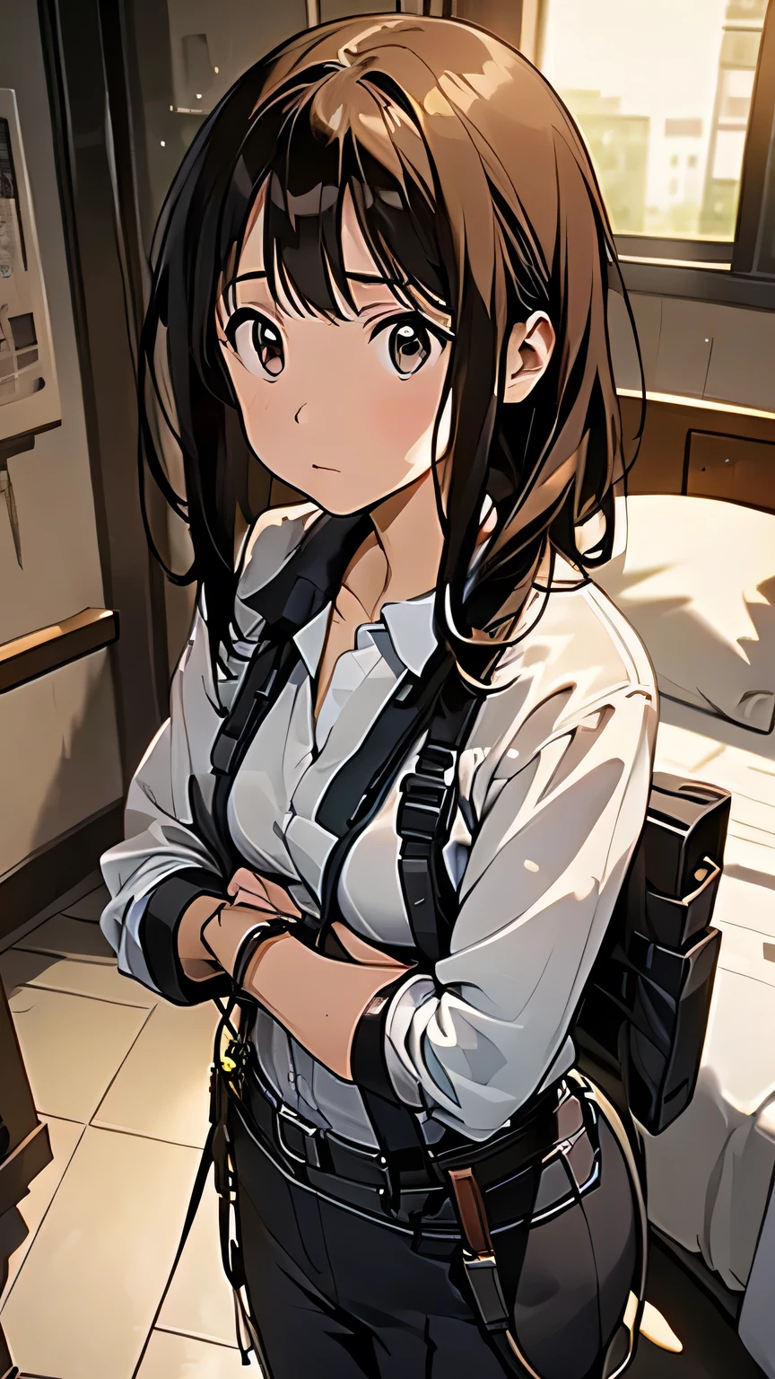 1 female, , high quality, masterpiece, Ultra-high resolution, , Cinema Lighting, , , And the suspenders with the cranes flying Large Breasts Small face holster Lying in bed Looking up Sweat belt summer 脇Sweat Black Hole Gloves suit shirt Black jacket Black trousers Leg Links ズボンにbelt holster Hands behind your back Anxious expression Looking up Anxious face, legs apart Armament Handgun handcuffs Cable ties レッグholster holster See-through clothing heavy rain Getting wet in the rain