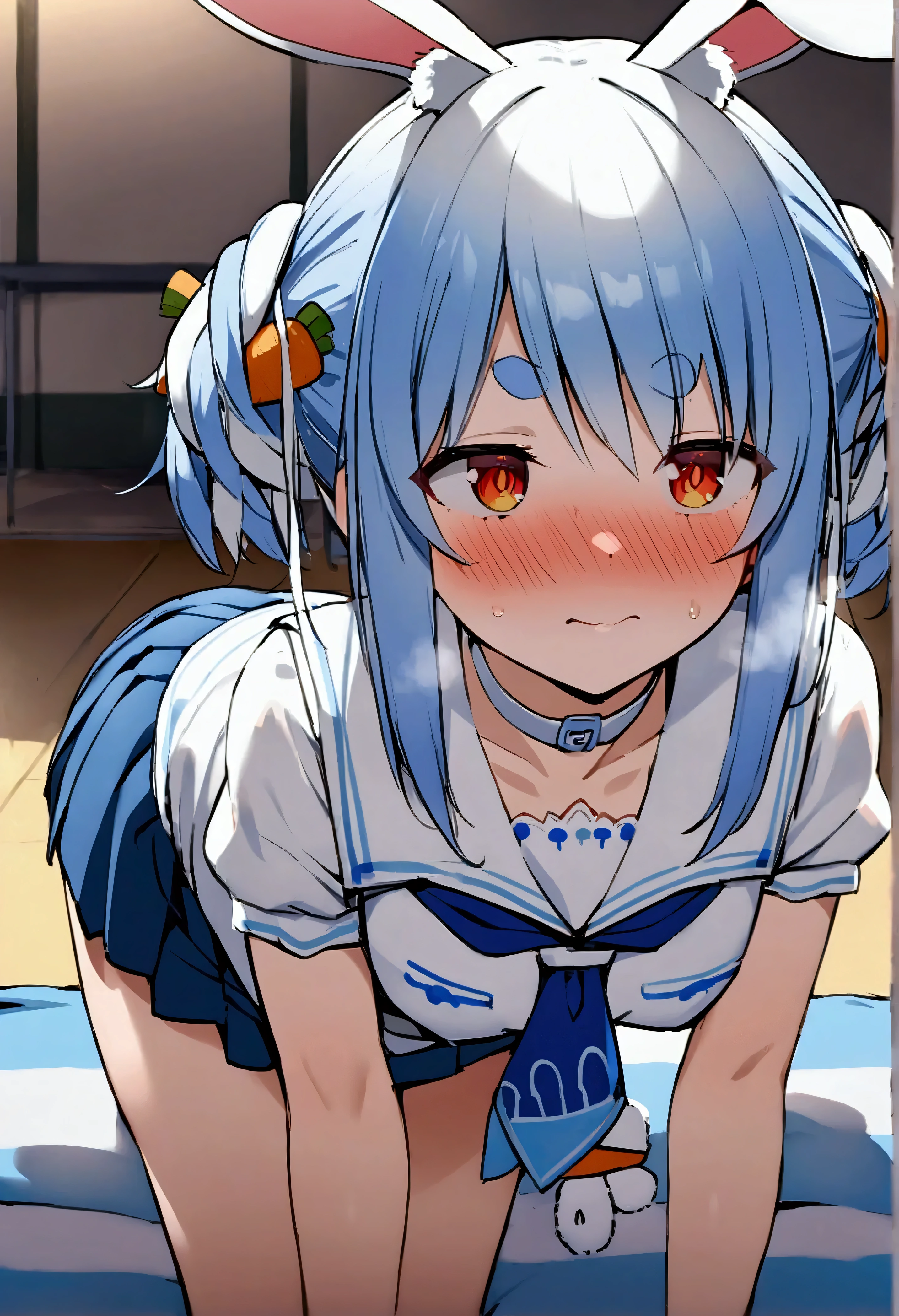 1girl, nsfw, MURAKAMIFUMIO, BLUE HAIR, HAIRCLIP, hair ornament, TWIN BRAIDS, BRAID, HAIR OVER SHOULDER, LONG HAIR, Blue eyes,, empty eyes, large breasts, nipple, shrine, sea, frozen, (Sweating profusely, Love juice, Wet Woman, female ejaculation), crying, Naked, (1girl) Peeing, lactation, projectile lactation