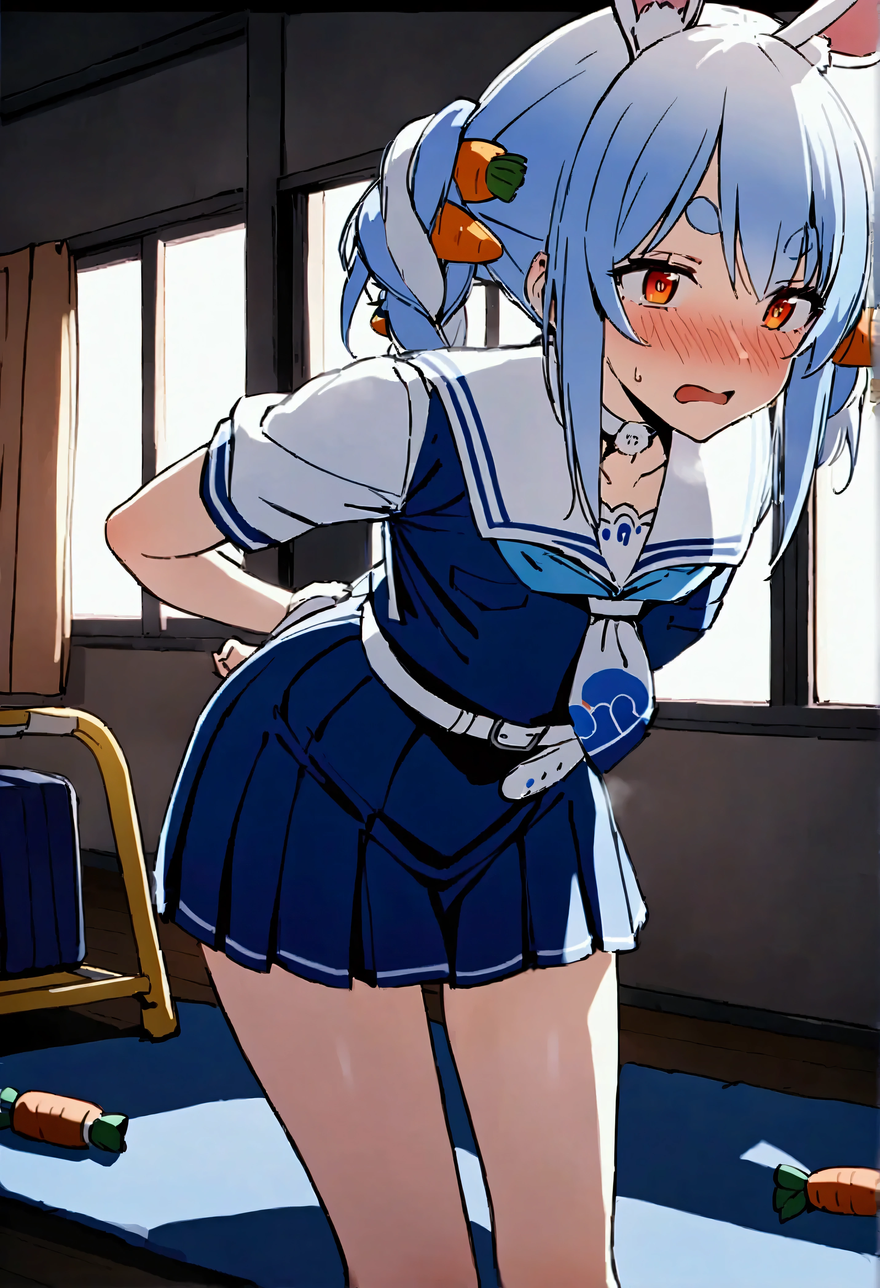 NSFW,masterpiece,Best Quality,High resolution,Very detailed,One girl,Usada Pekora\(Ho****ve\),Orange Eyes、Thick eyebrows、Bunny ears、Blue Hair、Short Hair、Two Side Up、Hair Clip、White choker、Sailor suit、Short dress、Short sleeve、Blue neckerchief、White belt,School,sports warehouse,mat,Small room,Dimly lit room,I&#39;m nervous,Embarrassed,blush,Lustful face,Heavy breathing,In heat,My body is burning hot,Leaning forward